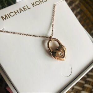 Michael Kors Rose Gold Heart Lock Necklace Crystal Accent NWT